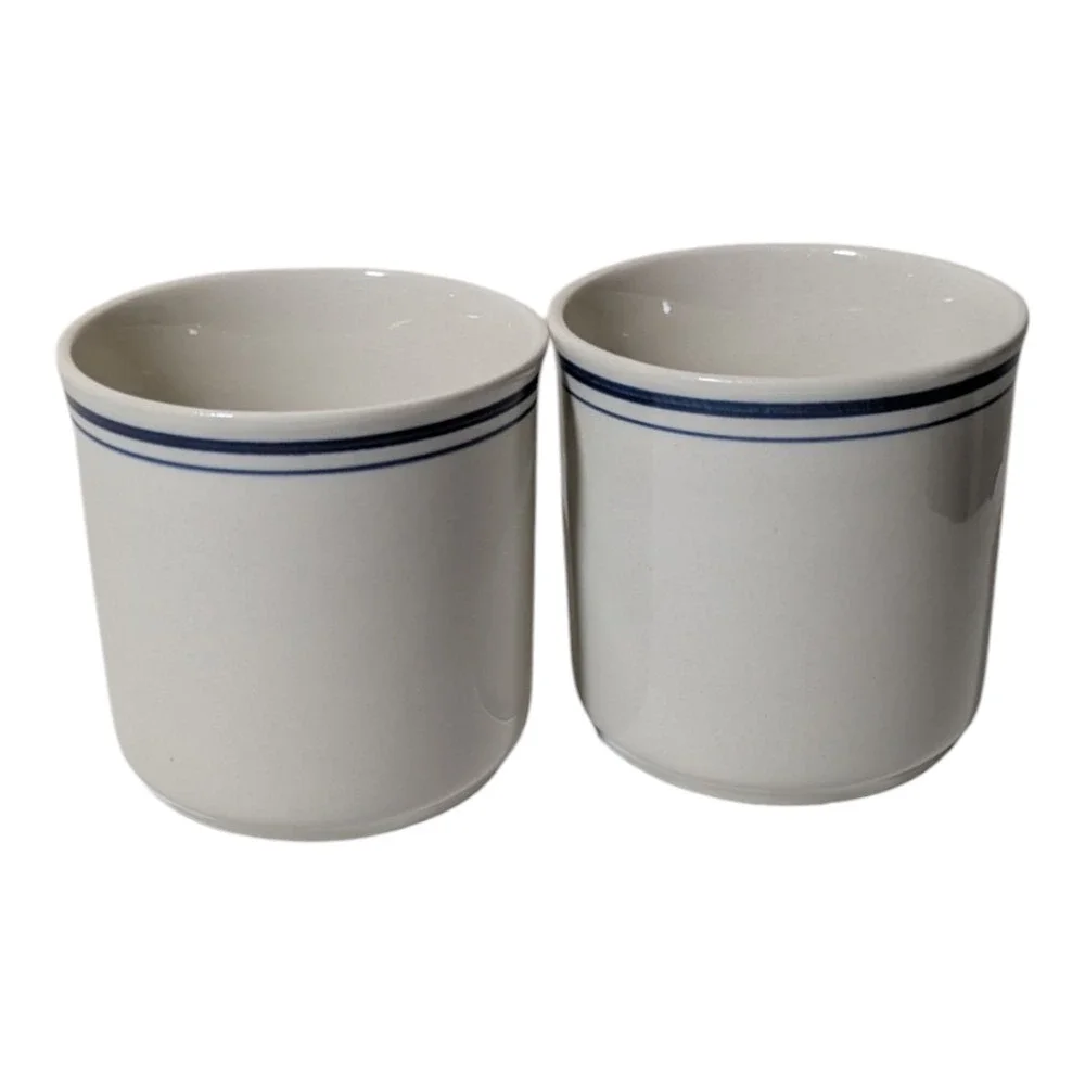 Stoneware - Pair of Mugs - Made in China - Cream Color/Cobalt Blue Trim - 8 oz